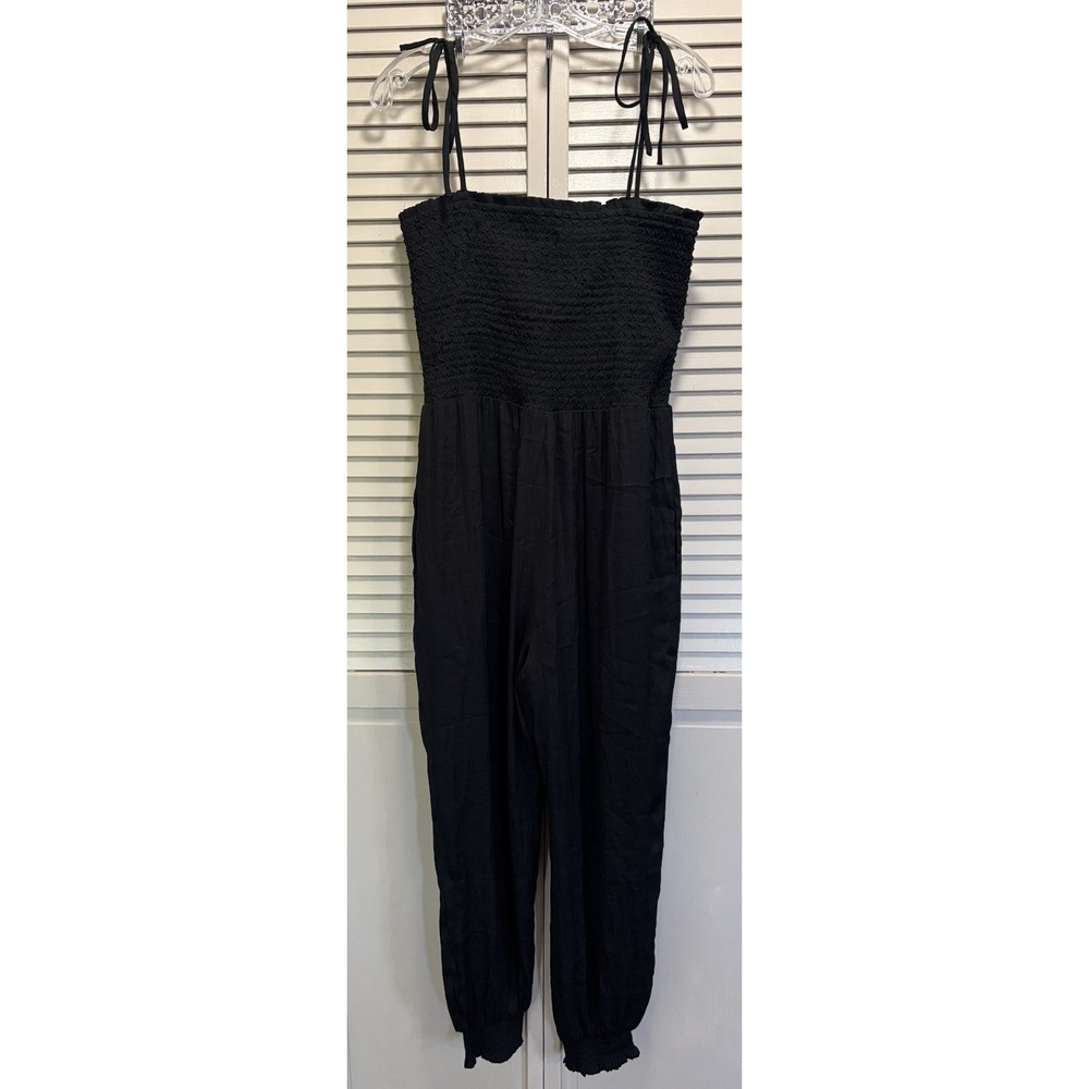 Naked Zebra Black Jogger Style Smocked Body Jumpsuit Size L Adj Ties